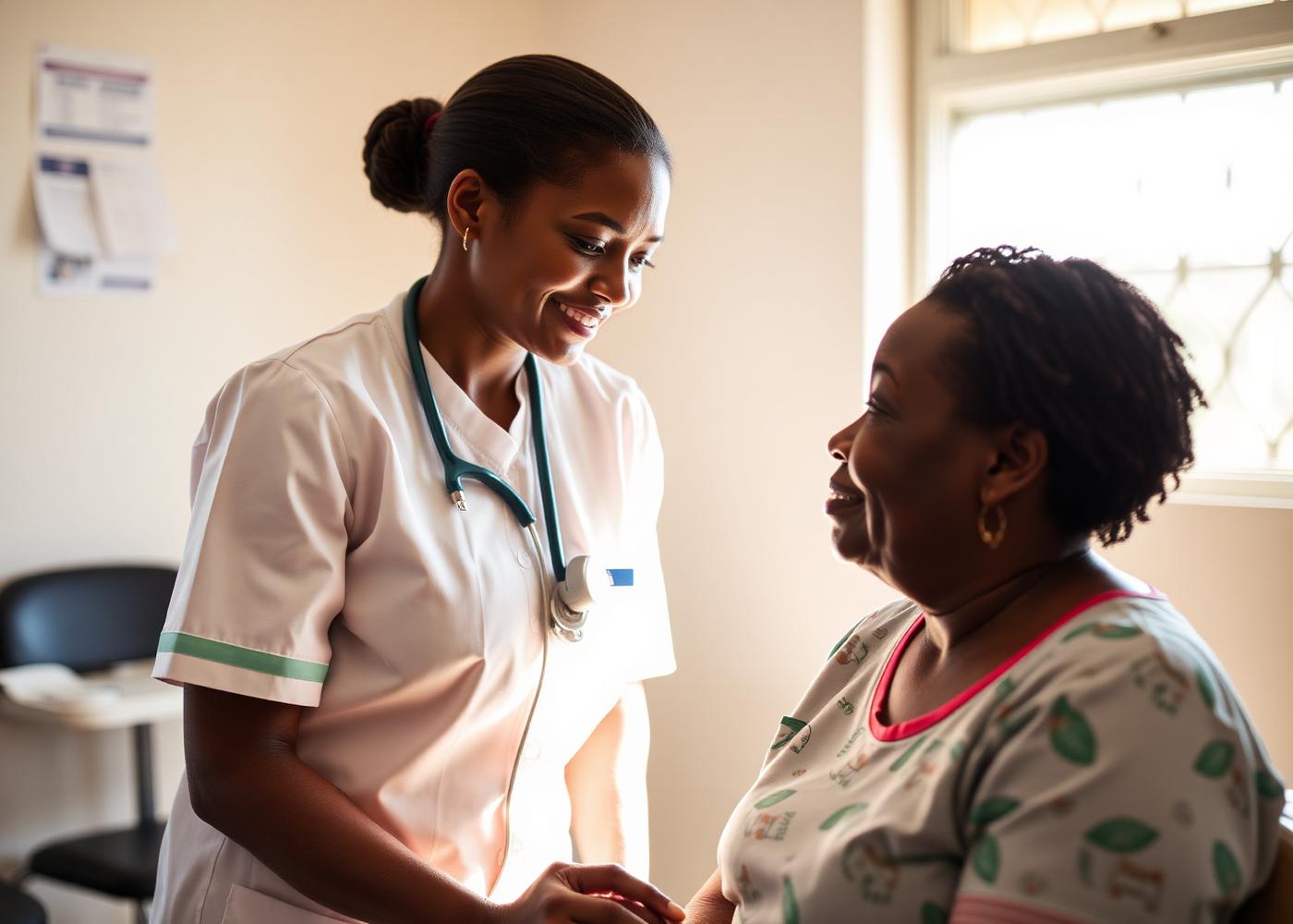 A Nigerian nurse consulting with a patient in a bright clinic