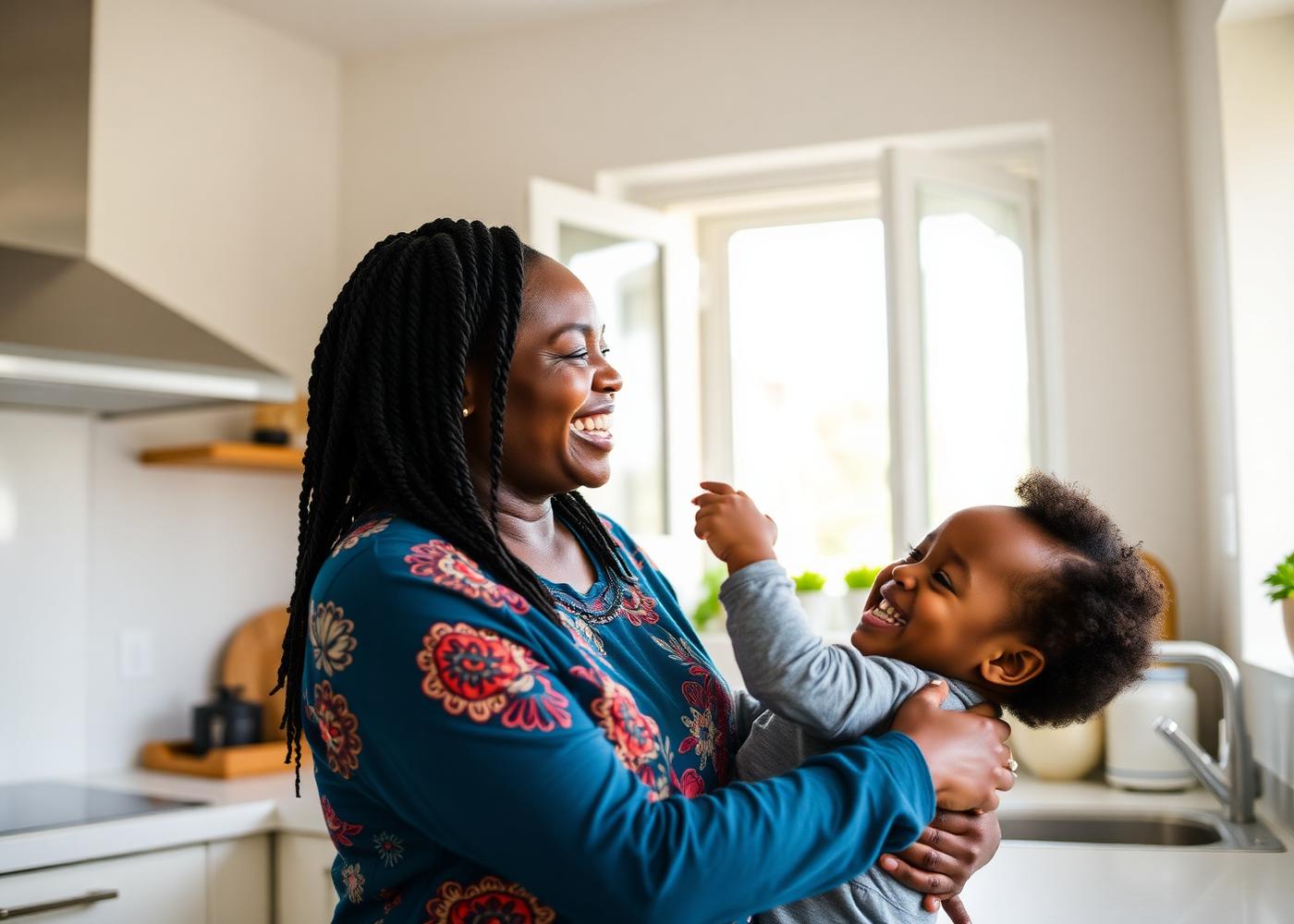 A Nigerian mother and child in a bright, healthy kitchen