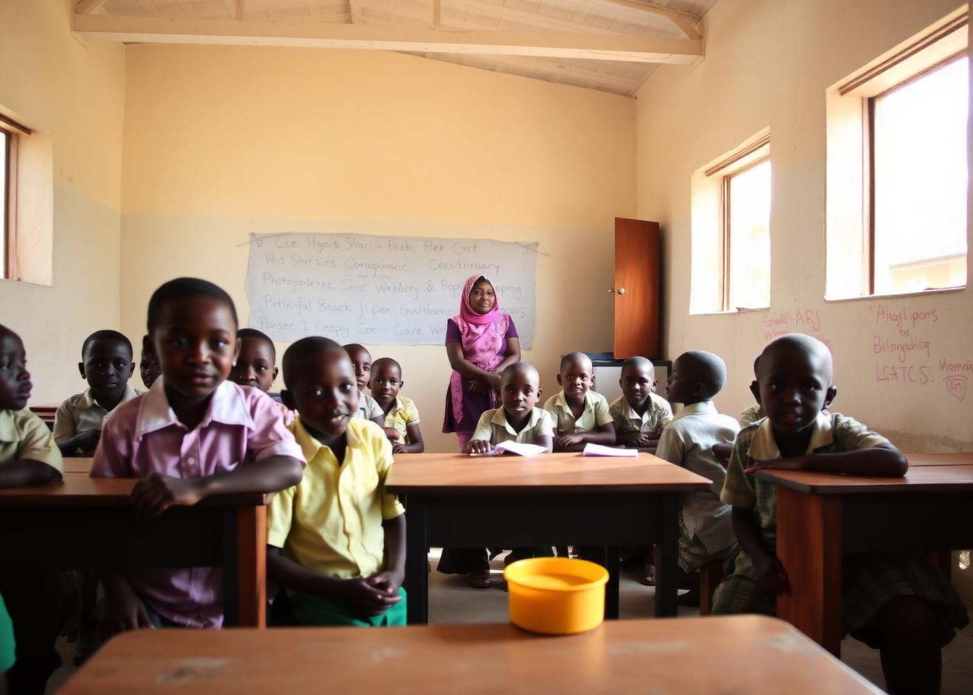 Nigerian schoolchildren in a bright, ventilated classroom