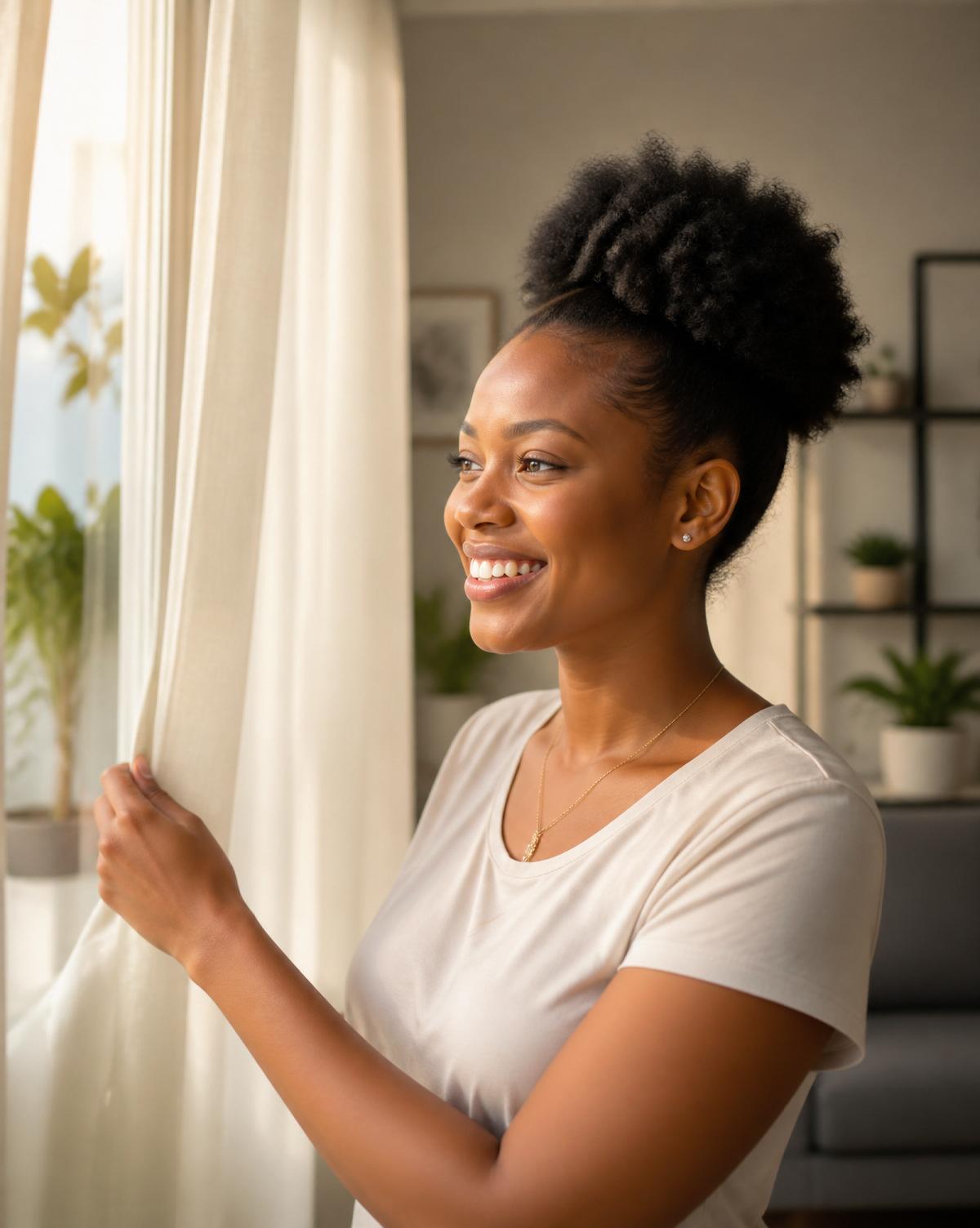 A Nigerian woman opening curtains to let fresh air into a bright home