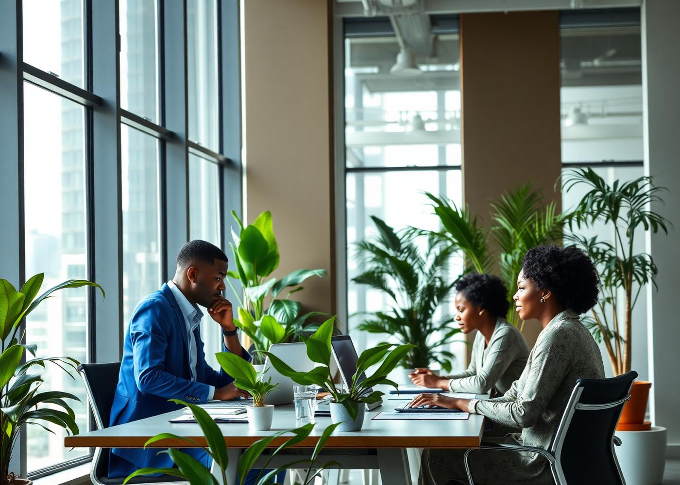 Nigerian professionals in a healthy, plant-filled workplace